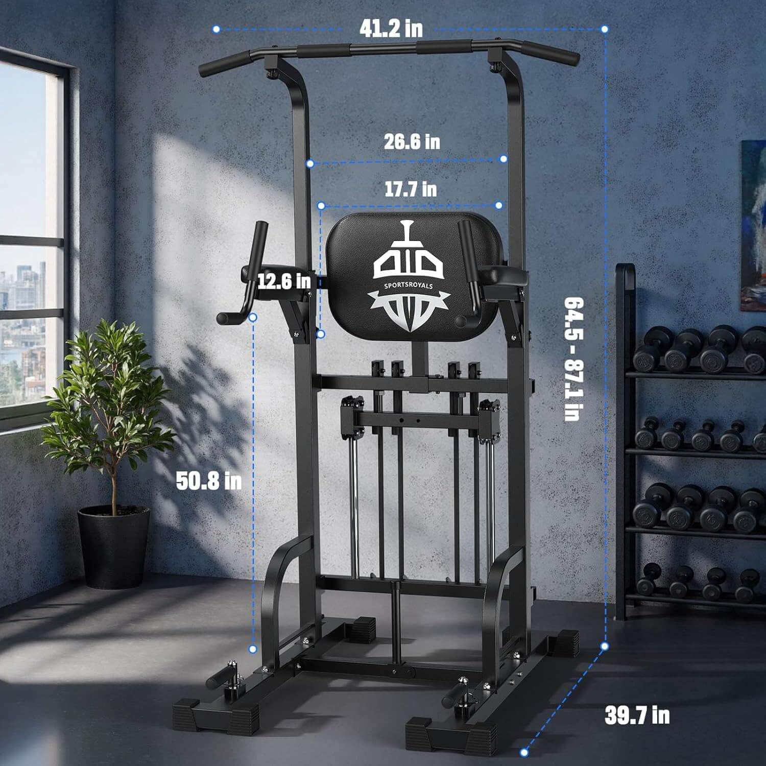 Gym pull-up bar with dimensions labeled in a home gym setting