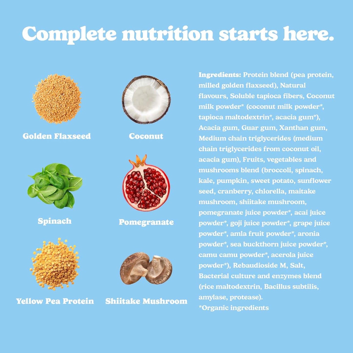 Nutritional ingredients displayed with text on a blue background