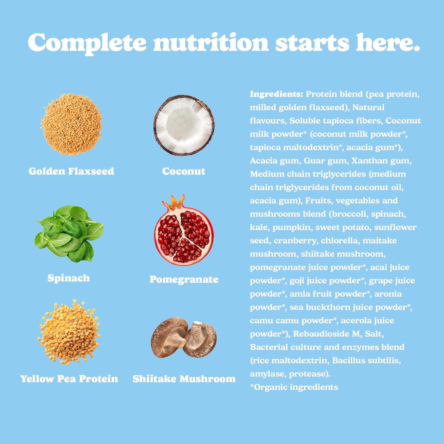 Nutritional ingredients displayed with text on a blue background
