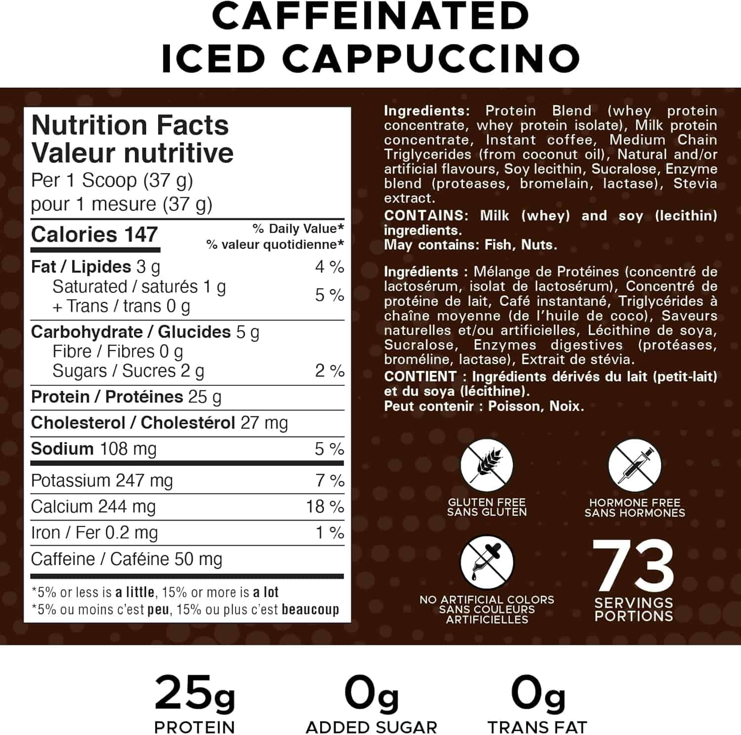 Nutrition label for a caffeinated iced cappuccino product with details on calories, protein, sugar, and fat content.