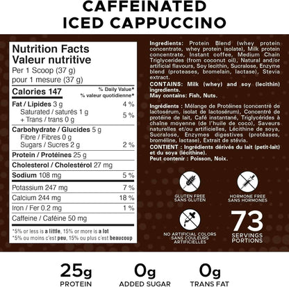 Nutrition label for a caffeinated iced cappuccino product with details on calories, protein, sugar, and fat content.