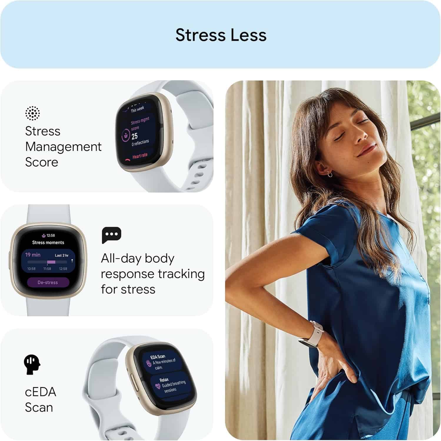 Smartwatch with stress management features and a woman relaxing indoors.