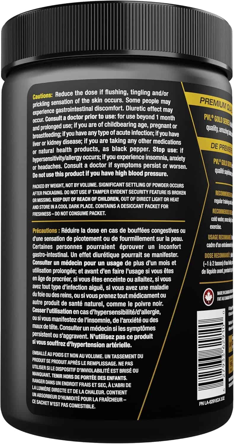 Black supplement container with yellow text on a black background