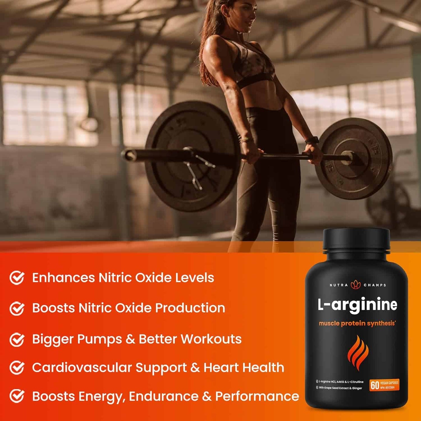 Woman lifting weights with a supplement bottle labeled L-arginine on an orange background