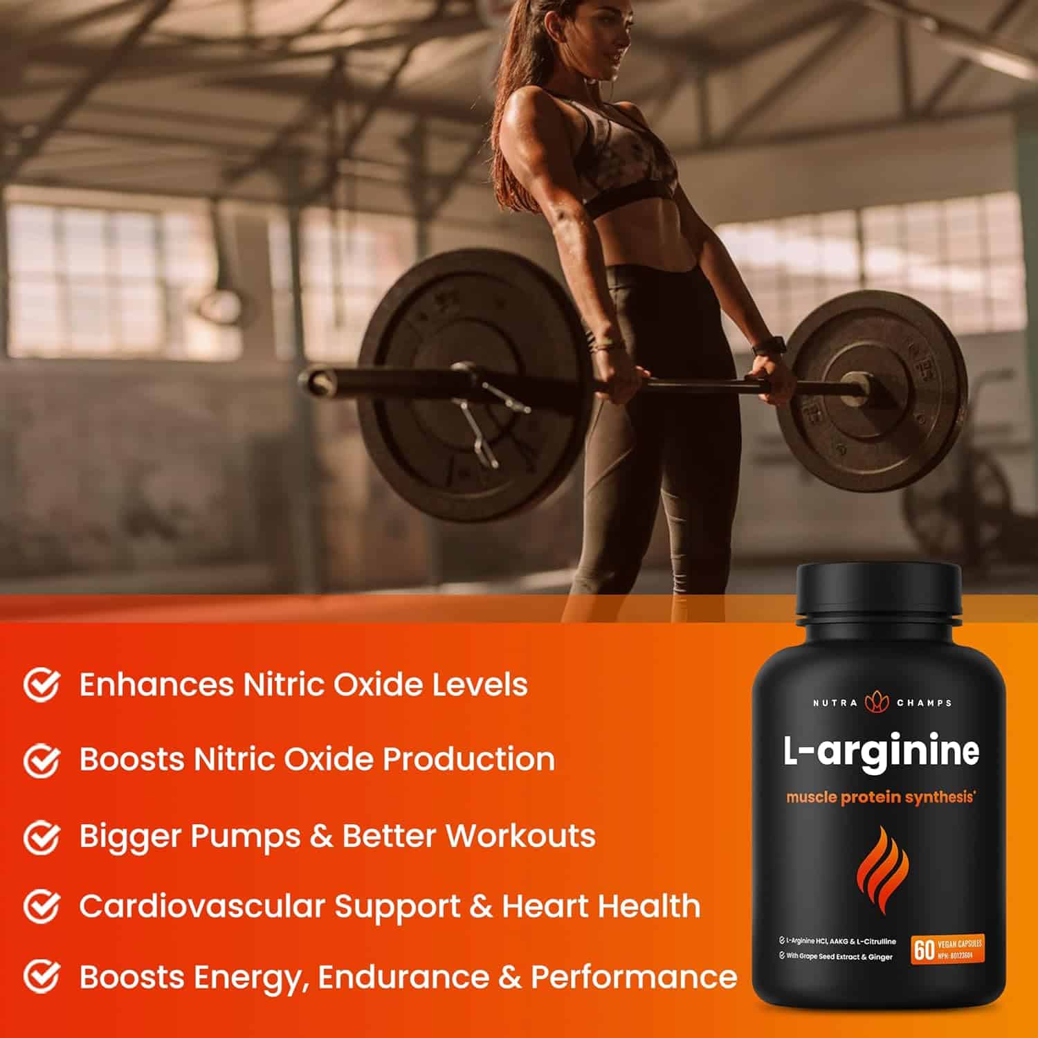 Woman lifting weights with a supplement bottle labeled L-arginine on an orange background