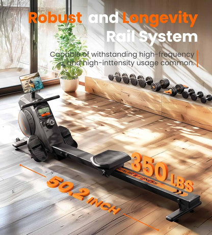 Rowing machine with text highlighting robustness and longevity on a wooden floor.
