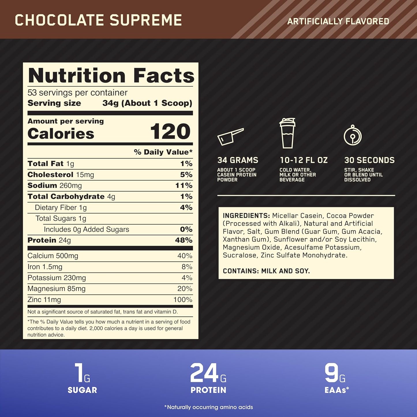 Nutrition facts label for a protein product with a dark background