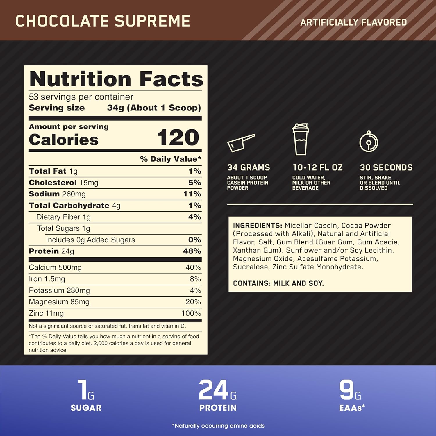 Nutrition facts label for a protein product with a dark background