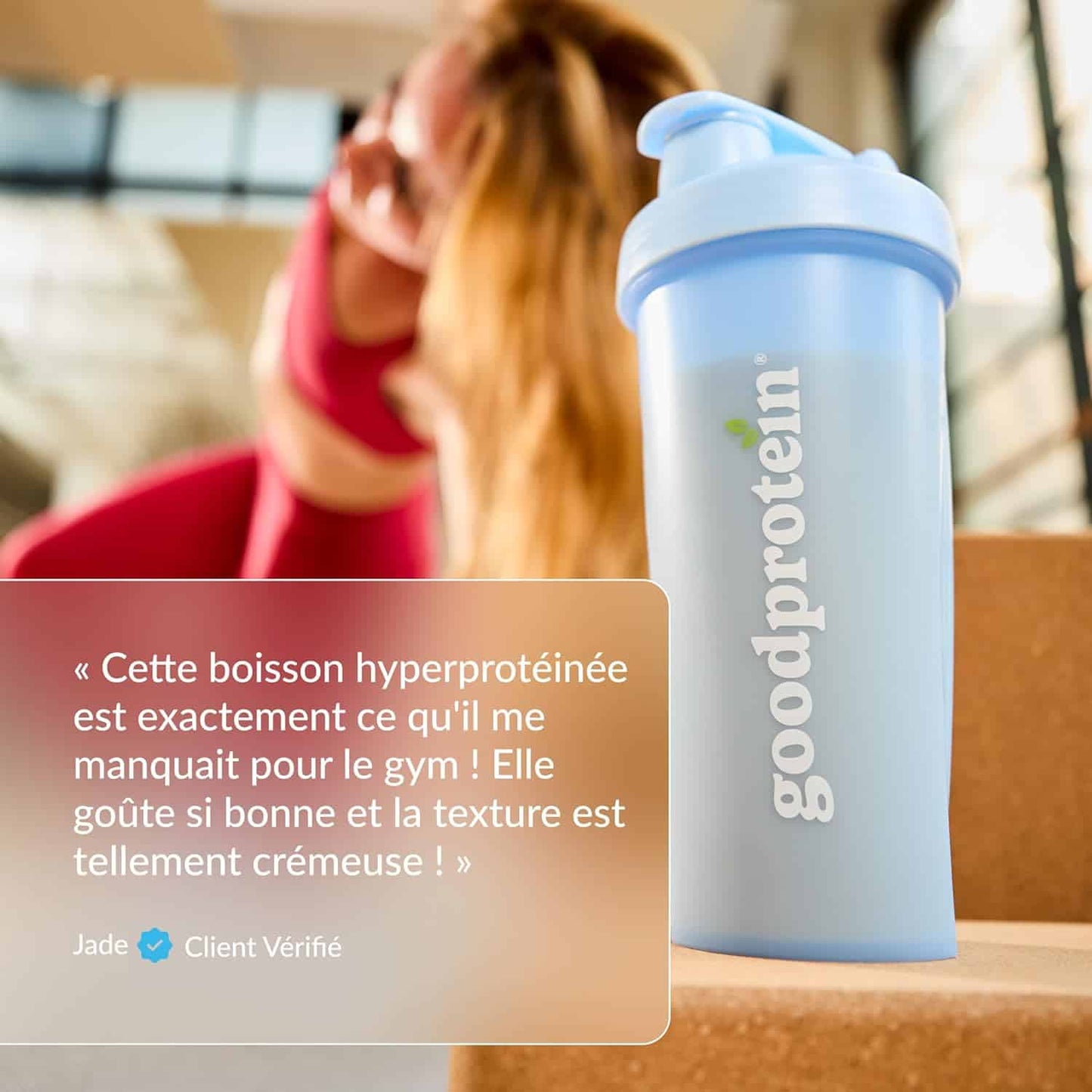 Goodprotein shaker bottle with a quote from a satisfied customer in the foreground