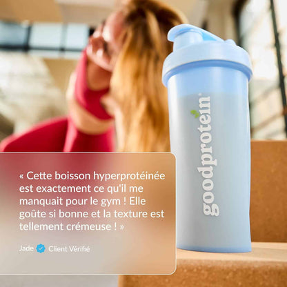 Goodprotein shaker bottle with a quote from a satisfied customer in the foreground