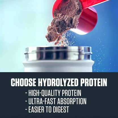 Red scoop pouring protein powder into a container with promotional text about hydrolyzed protein.
