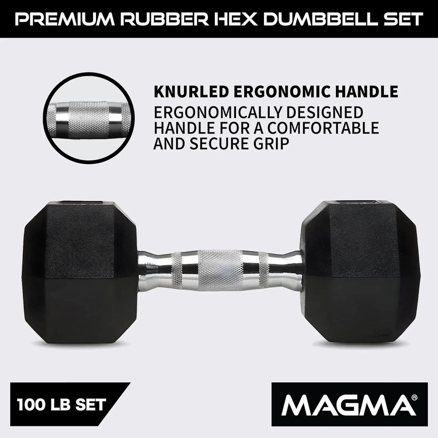 MAGMA Premium Rubber Hex Dumbbell Set – 5lb to 50lb Pairs | Non-Rolling Hex Design, Ergonomic Grip, Floor-Safe Coating - FitCore Supply