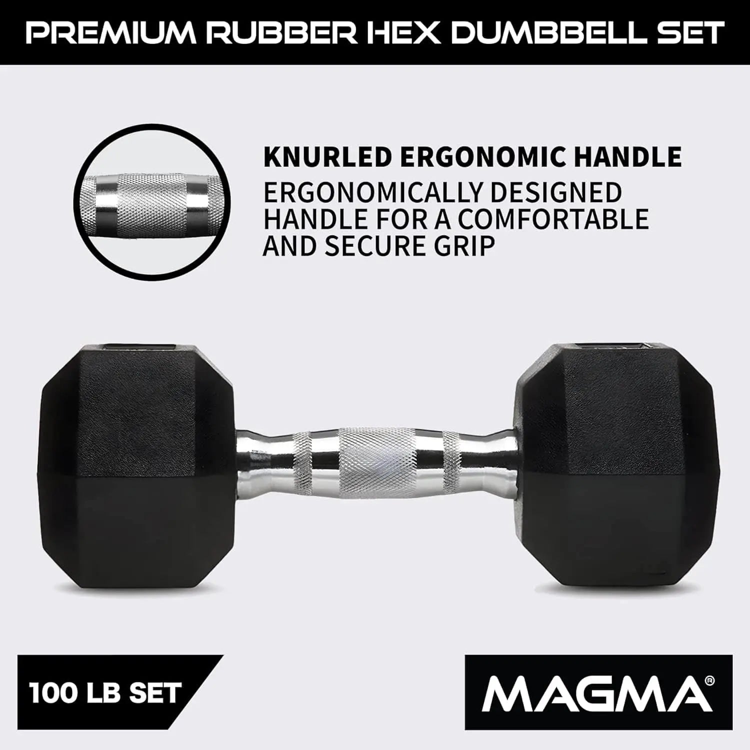MAGMA Premium Rubber Hex Dumbbell Set – 5lb to 50lb Pairs | Non-Rolling Hex Design, Ergonomic Grip, Floor-Safe Coating - FitCore Supply