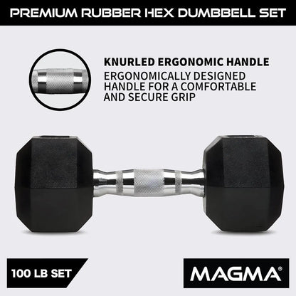 MAGMA Premium Rubber Hex Dumbbell Set – 5lb to 50lb Pairs | Non-Rolling Hex Design, Ergonomic Grip, Floor-Safe Coating - FitCore Supply