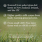 Text about grass-fed milk sourced from farms in New Zealand, Ireland, and the UK on a green background with grass.