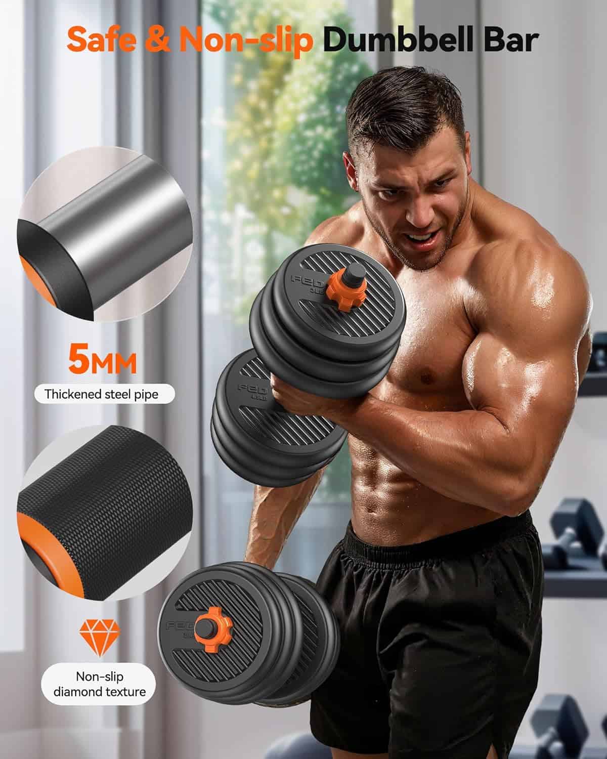Man lifting dumbbells with close-up details of the dumbbells on a gray background