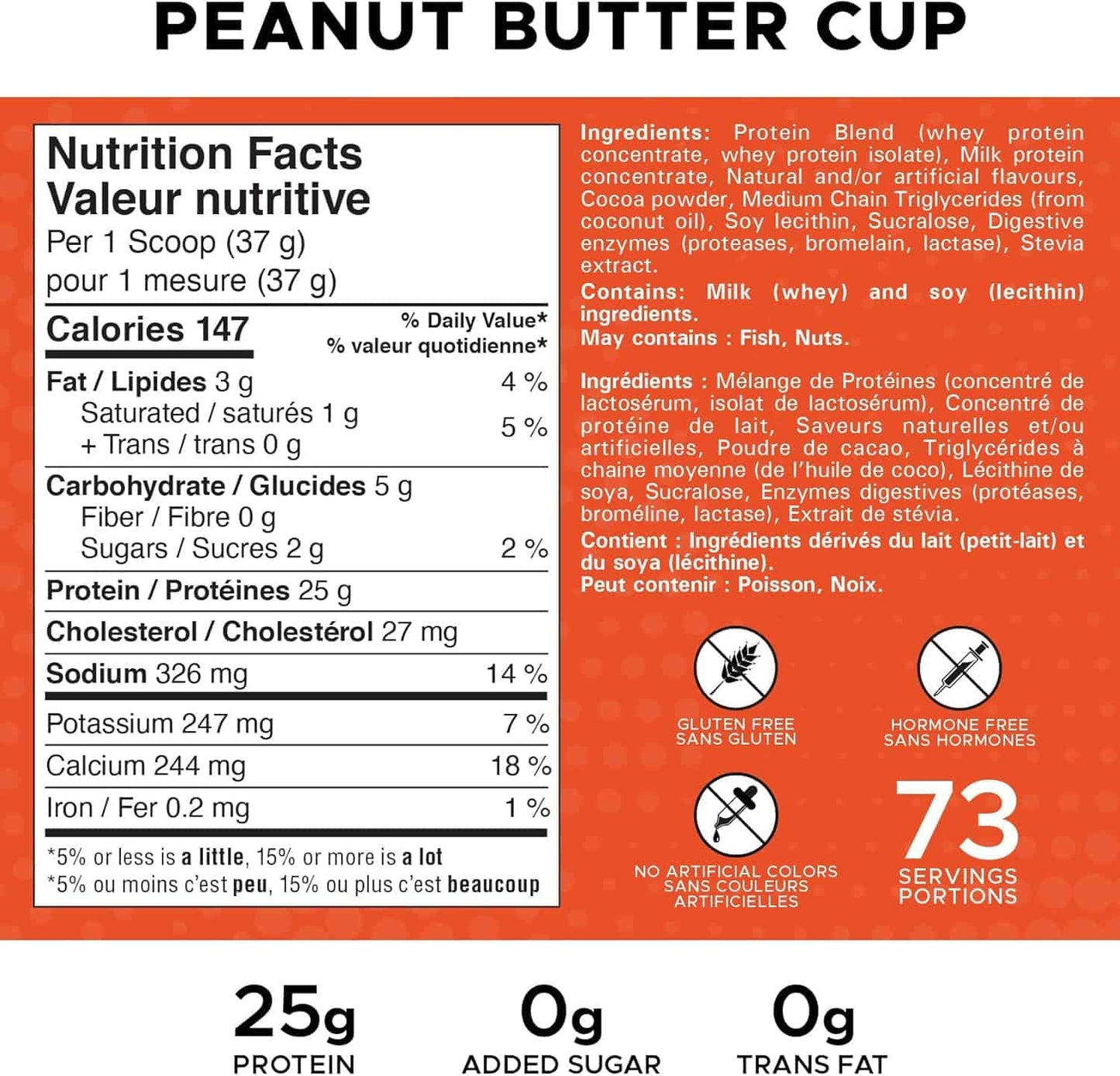 Nutrition label for a peanut butter cup product with ingredients and nutritional information.