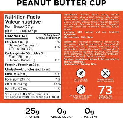 Nutrition label for a peanut butter cup product with ingredients and nutritional information.