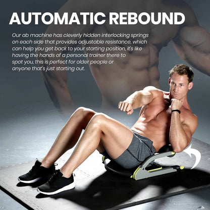 Man using an ab machine with text about automatic rebound feature