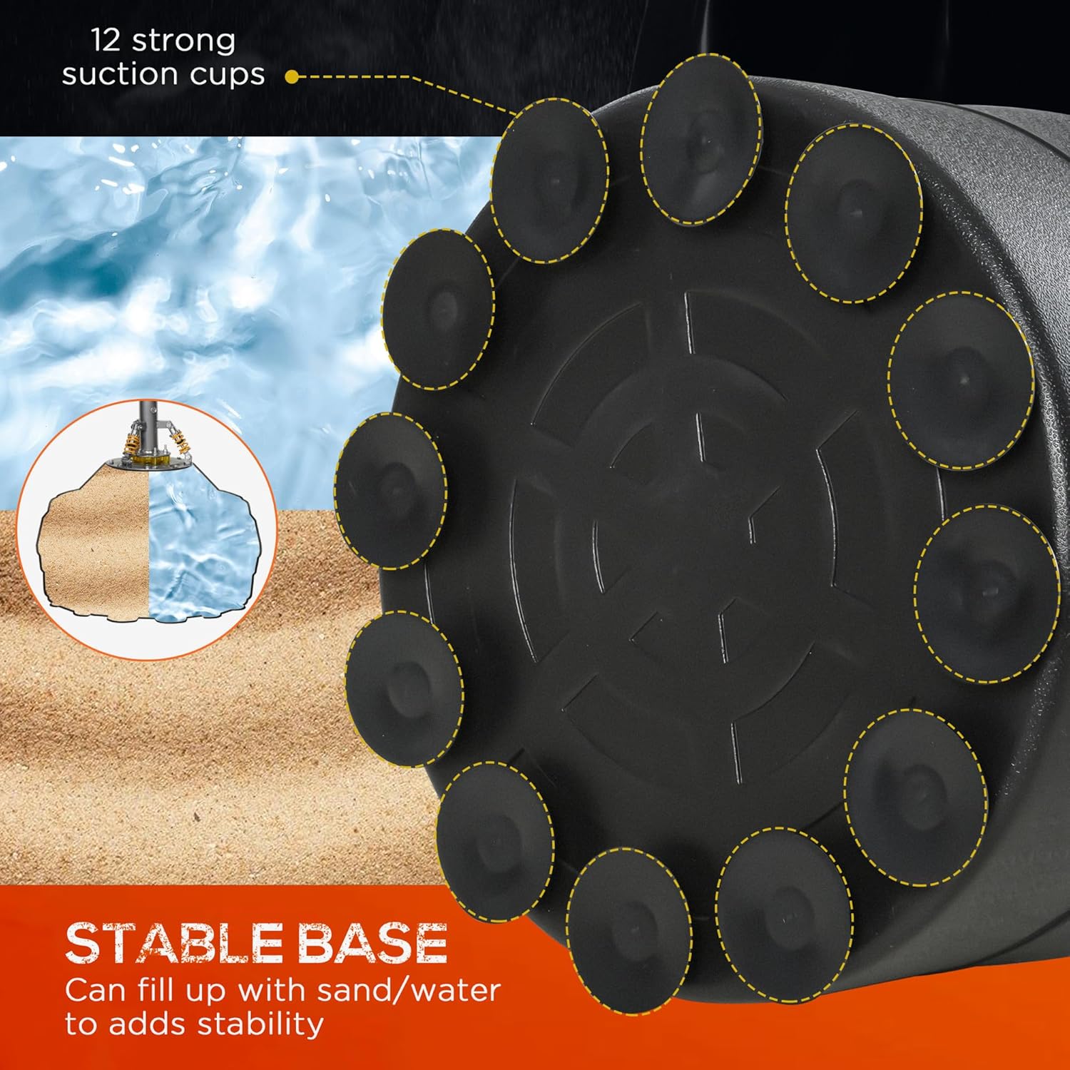 Close-up of a device with suction cups and text highlighting its features, set against a blurred natural background.