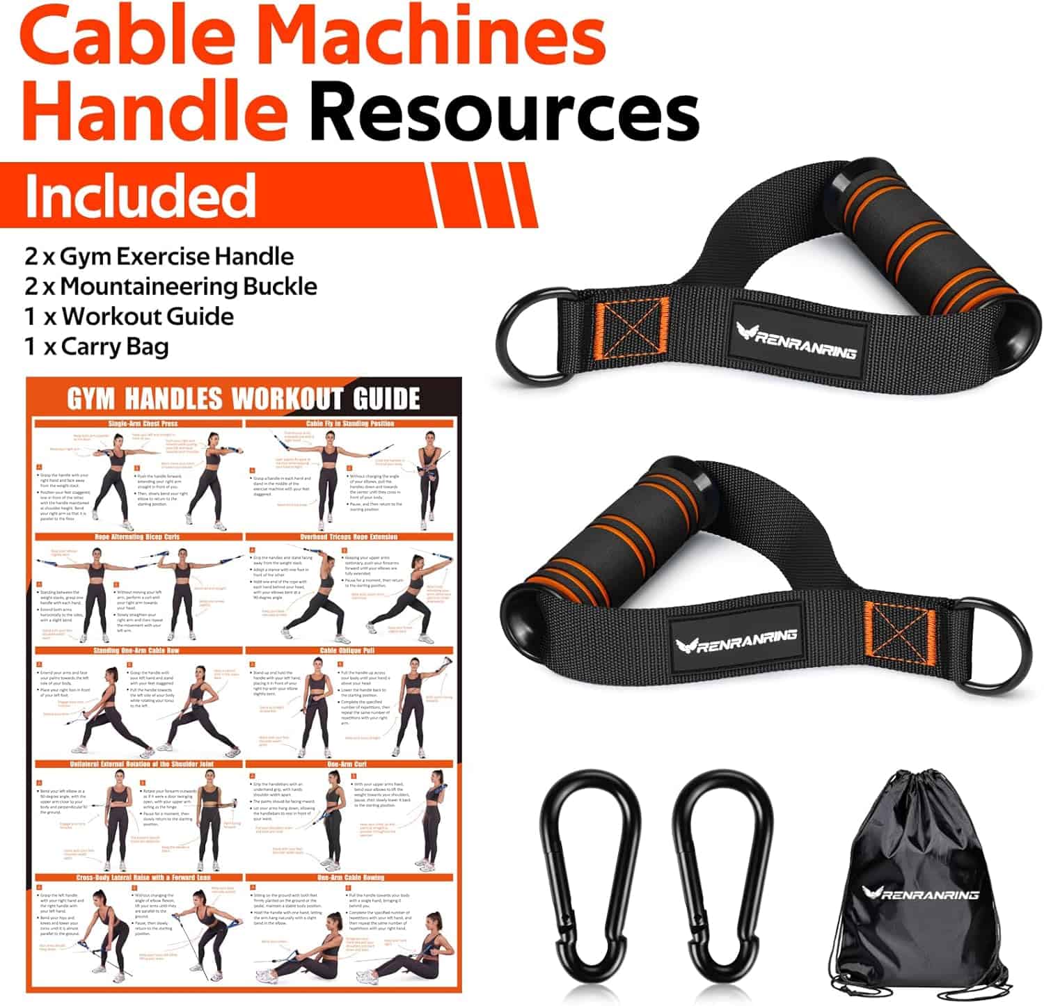 Gym exercise handles with mountaineering buckle, workout guide, and carrying bag on a white background