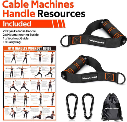 Gym exercise handles with mountaineering buckle, workout guide, and carrying bag on a white background