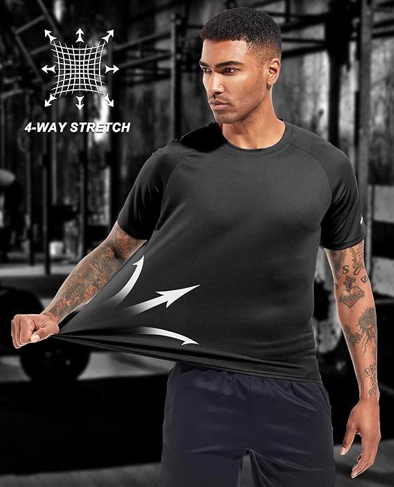 Man stretching a black athletic shirt with '4-Way Stretch' text and logo.
