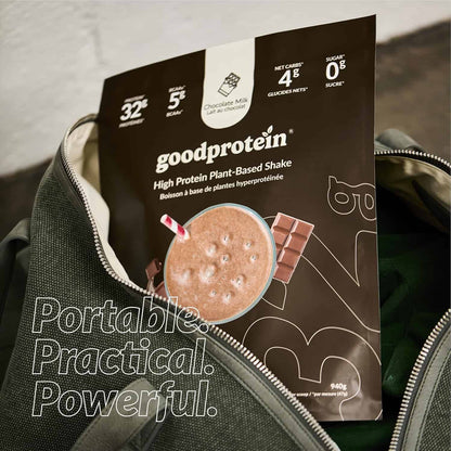 goodprotein shake package with a chocolate flavor illustration on a gray background
