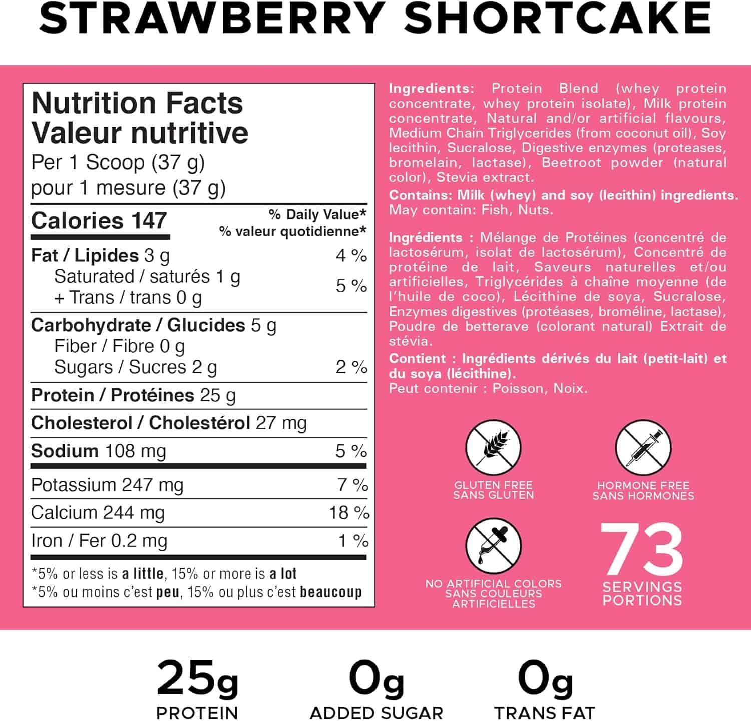 Nutrition label for strawberry shortcake with protein content on a pink background
