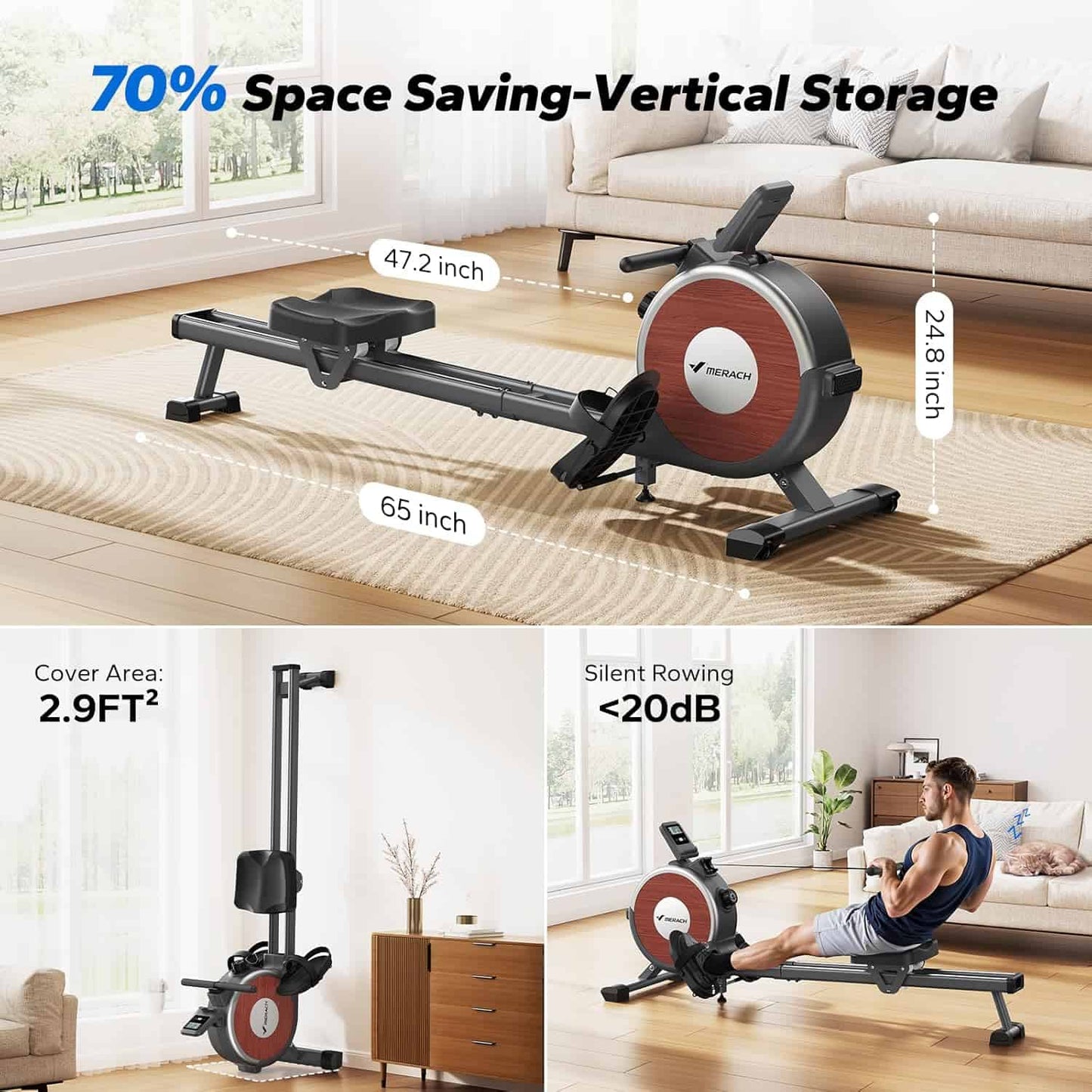 Rowing machine with space-saving vertical storage features in a living room setting.