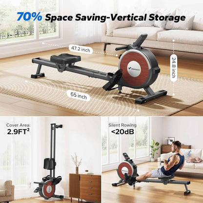 Rowing machine with space-saving vertical storage features in a living room setting.