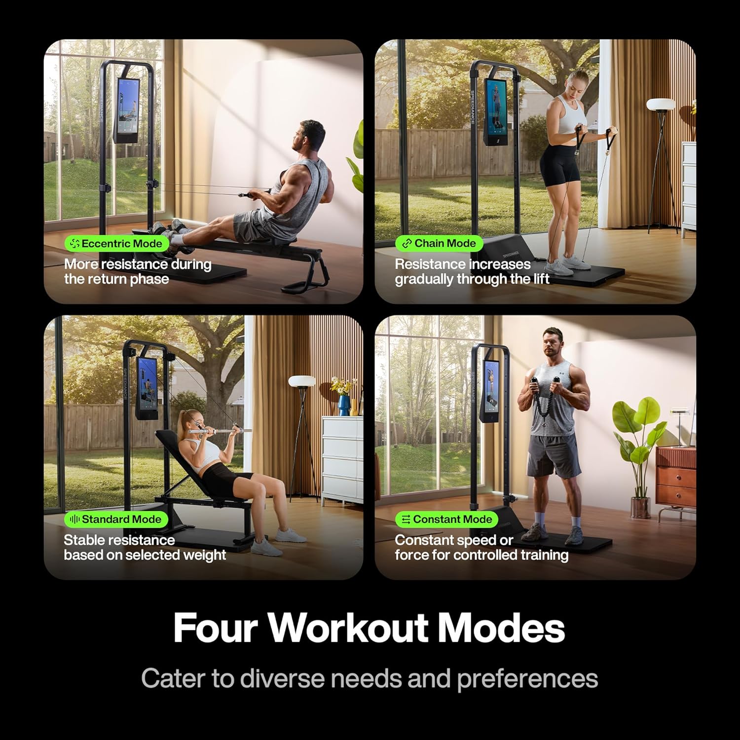 Four different workout modes on a home gym with people exercising.