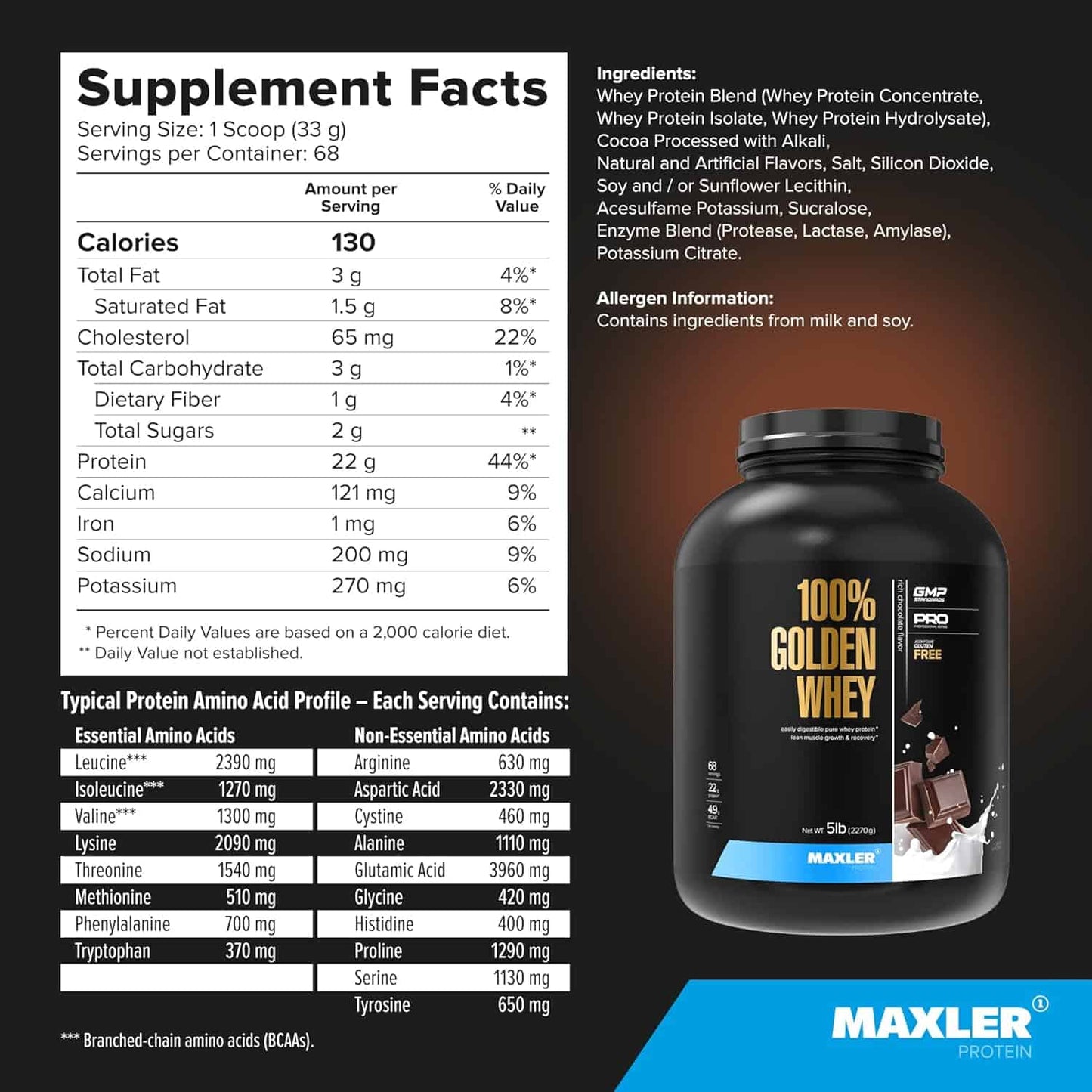 Maxler 100% Golden Whey protein supplement with nutritional facts and ingredients list.