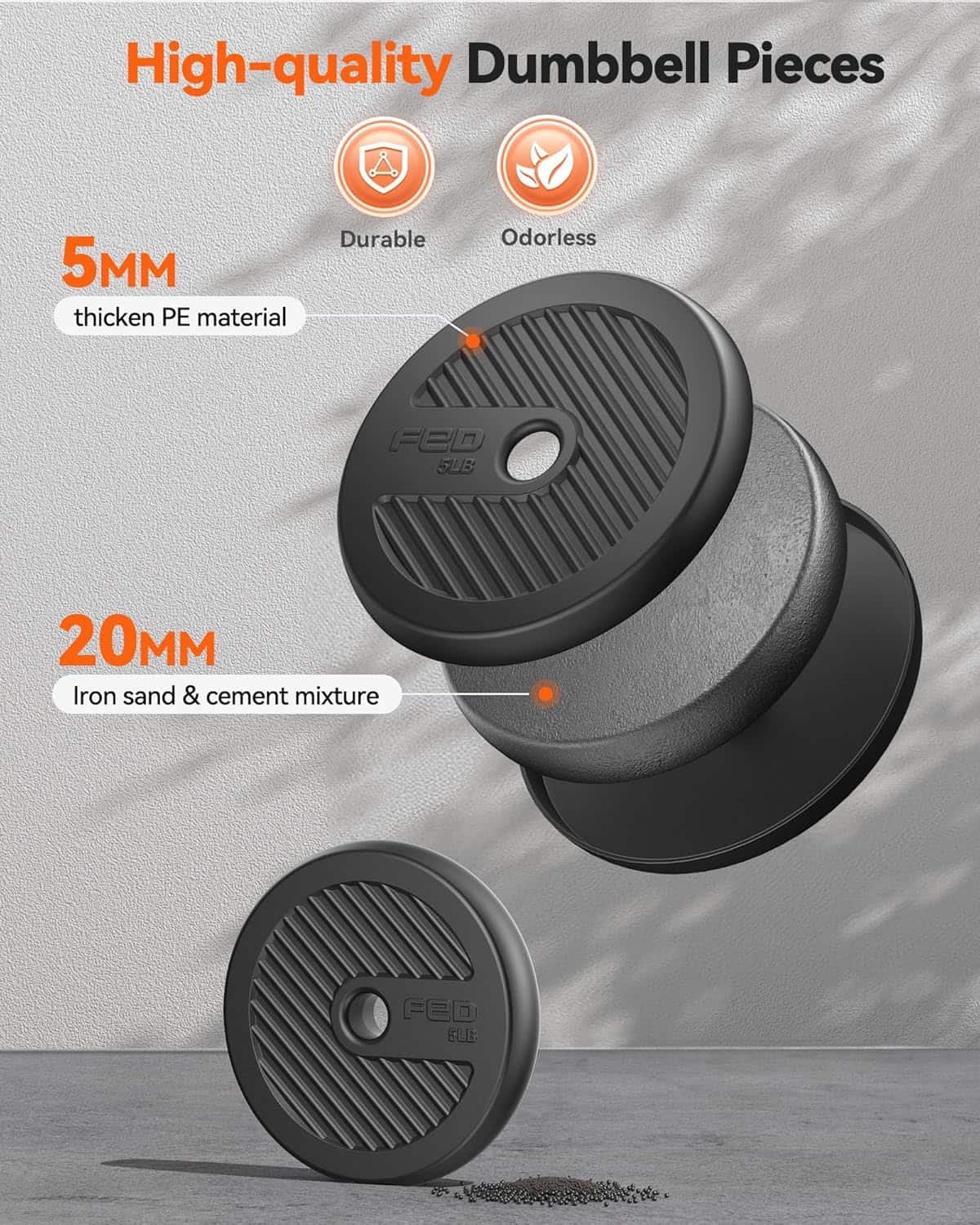 High-quality dumbbell pieces with specifications on a gray background