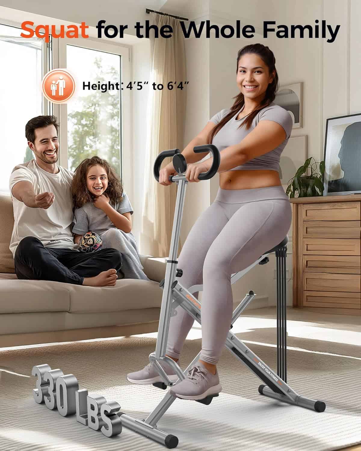 Woman using a home exercise bike with a family in the background