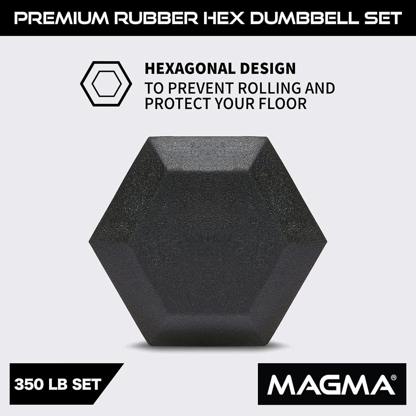MAGMA Premium Rubber Hex Dumbbell Set – 5lb to 50lb Pairs | Non-Rolling Hex Design, Ergonomic Grip, Floor-Safe Coating - FitCore Supply