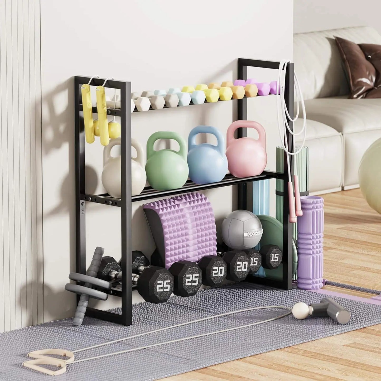 Gym equipment including kettlebells, dumbbells, and resistance bands on a rack in a home setting.