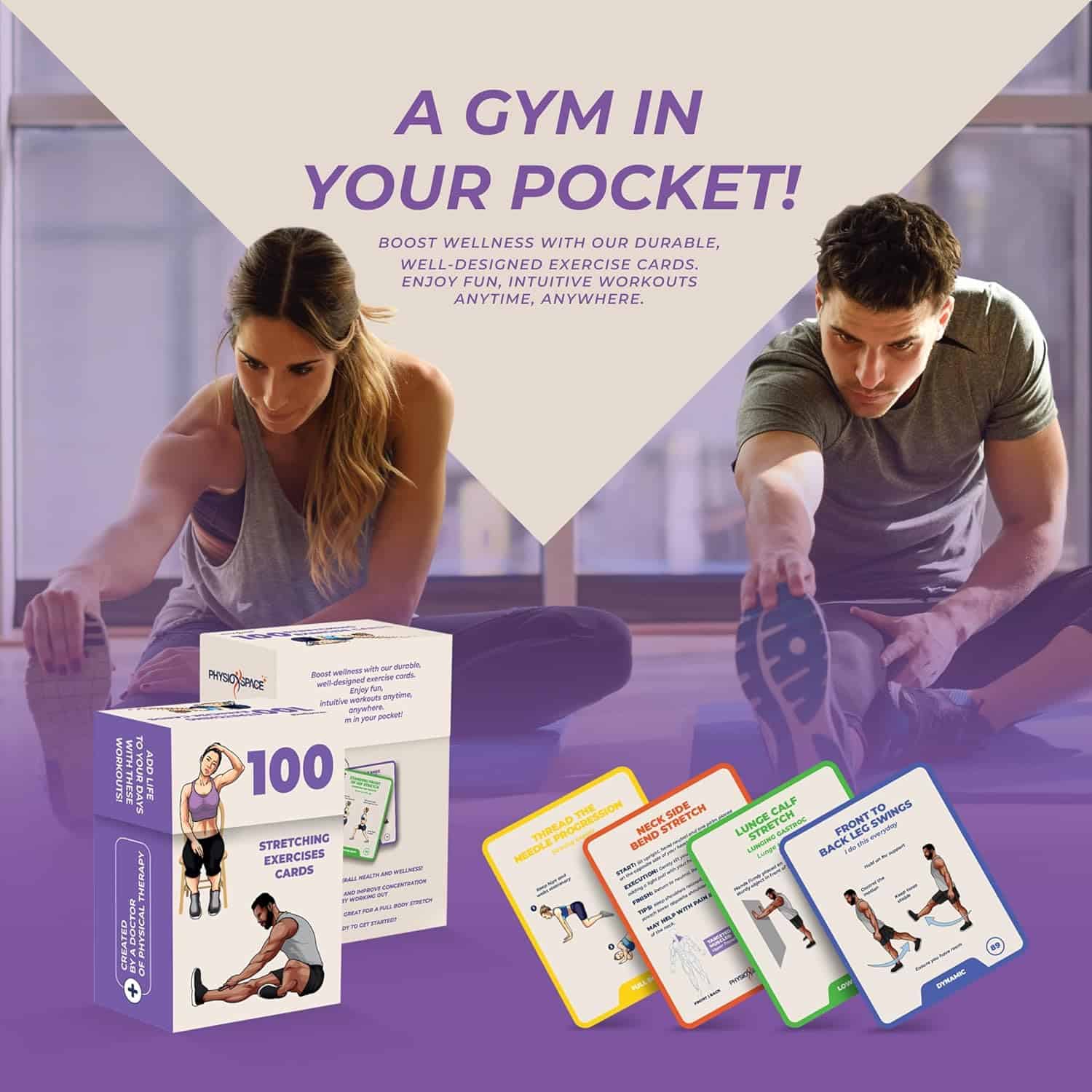 Two people exercising with a set of exercise cards on a purple surface.