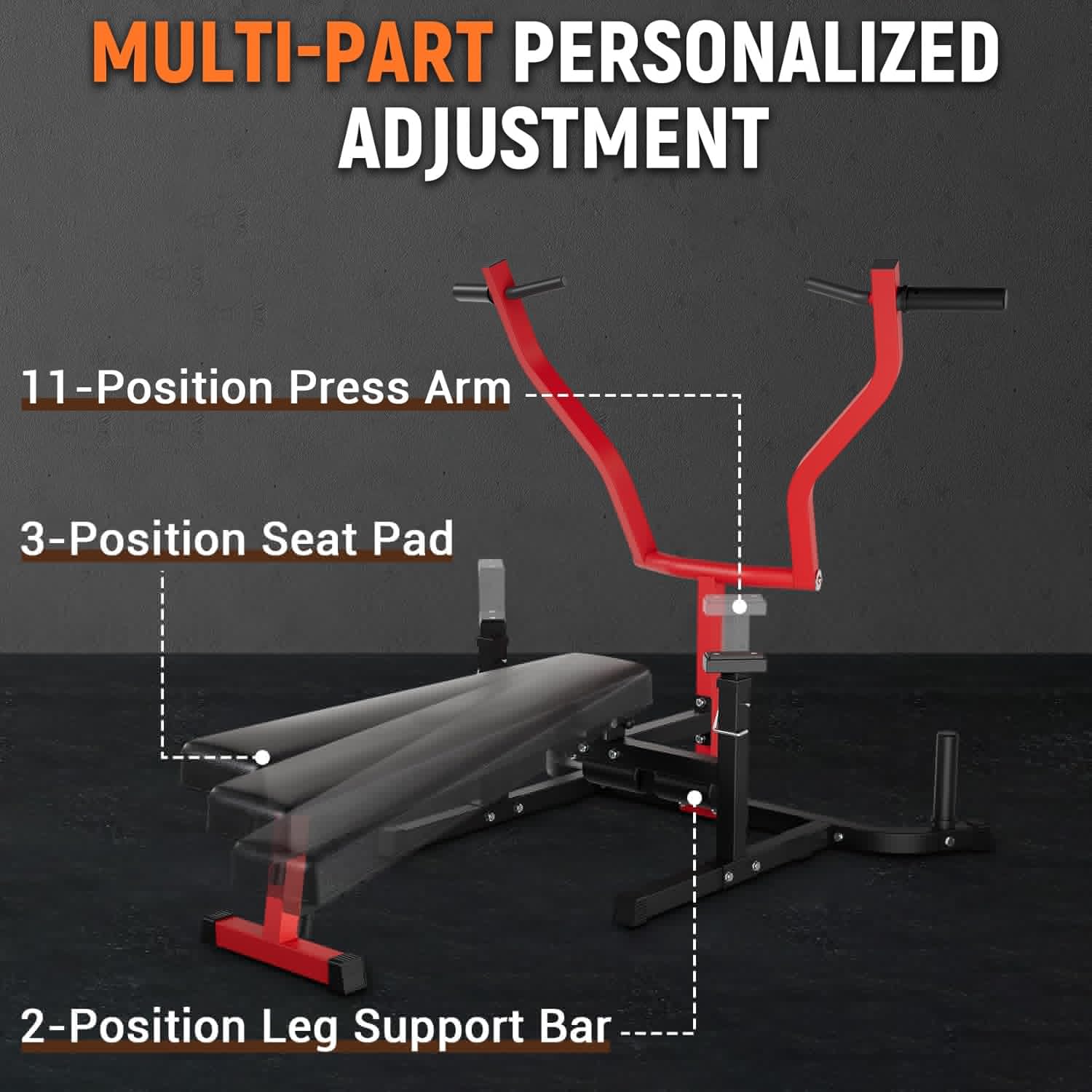 Gym bench with adjustable components labeled on a dark background