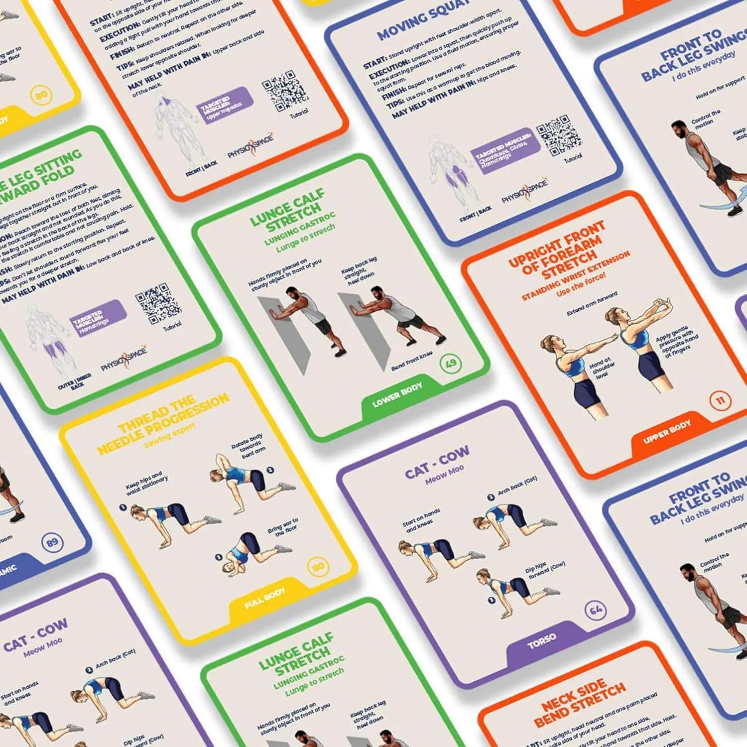Collection of exercise cards with illustrations and text on a white background