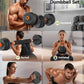 Multifunctional dumbbell set with various exercises shown, featuring a man and woman using the equipment.