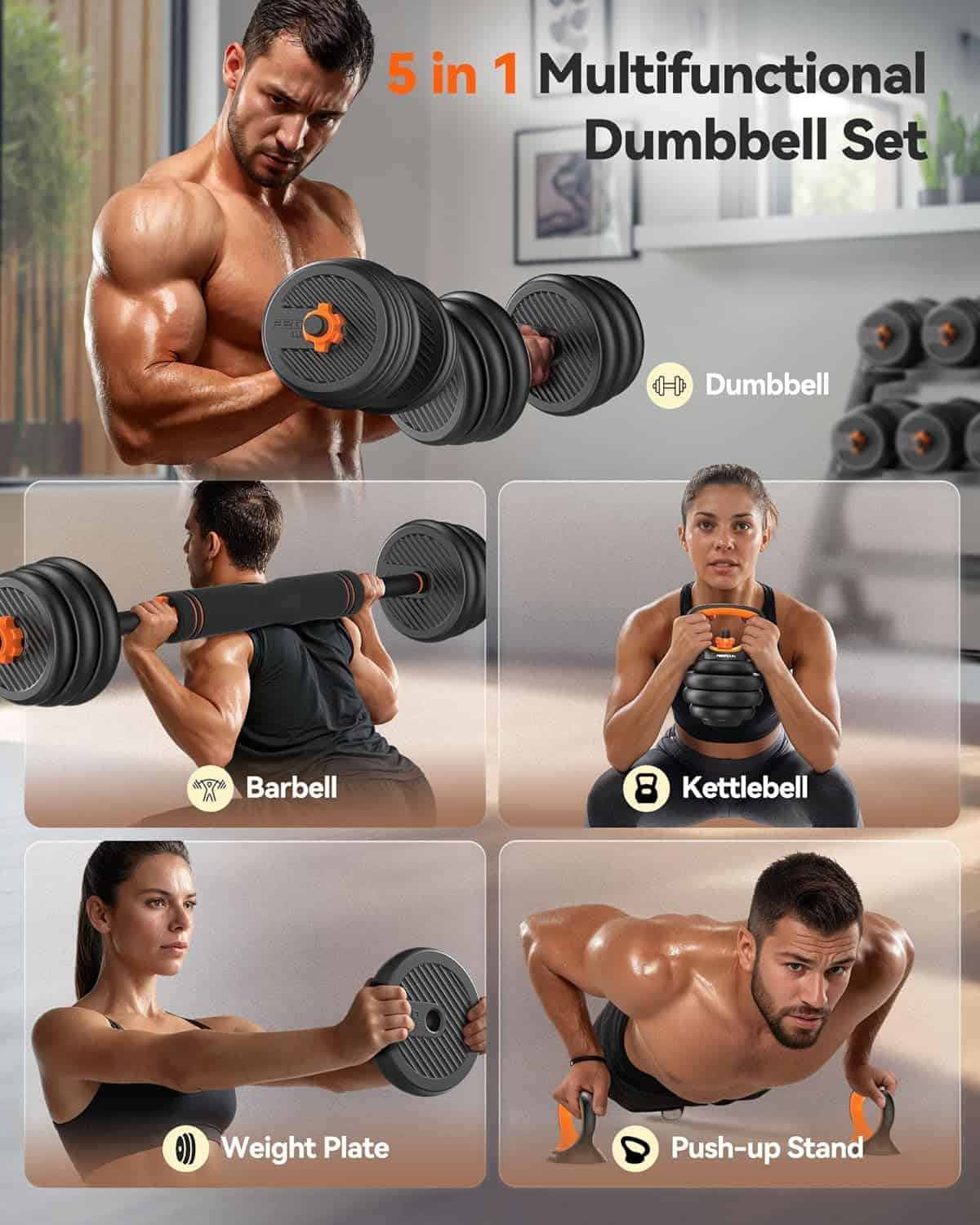 Multifunctional dumbbell set with various exercises shown, featuring a man and woman using the equipment.