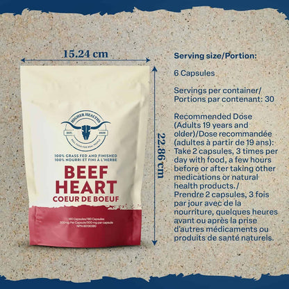 Beef heart supplement package with measurements and text on a textured background