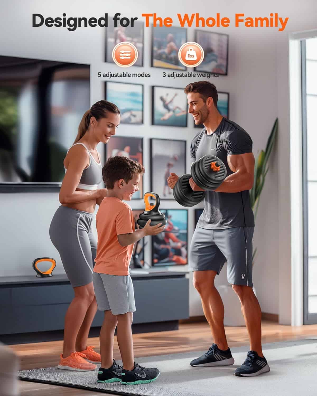 Family exercising together with fitness equipment in a home setting