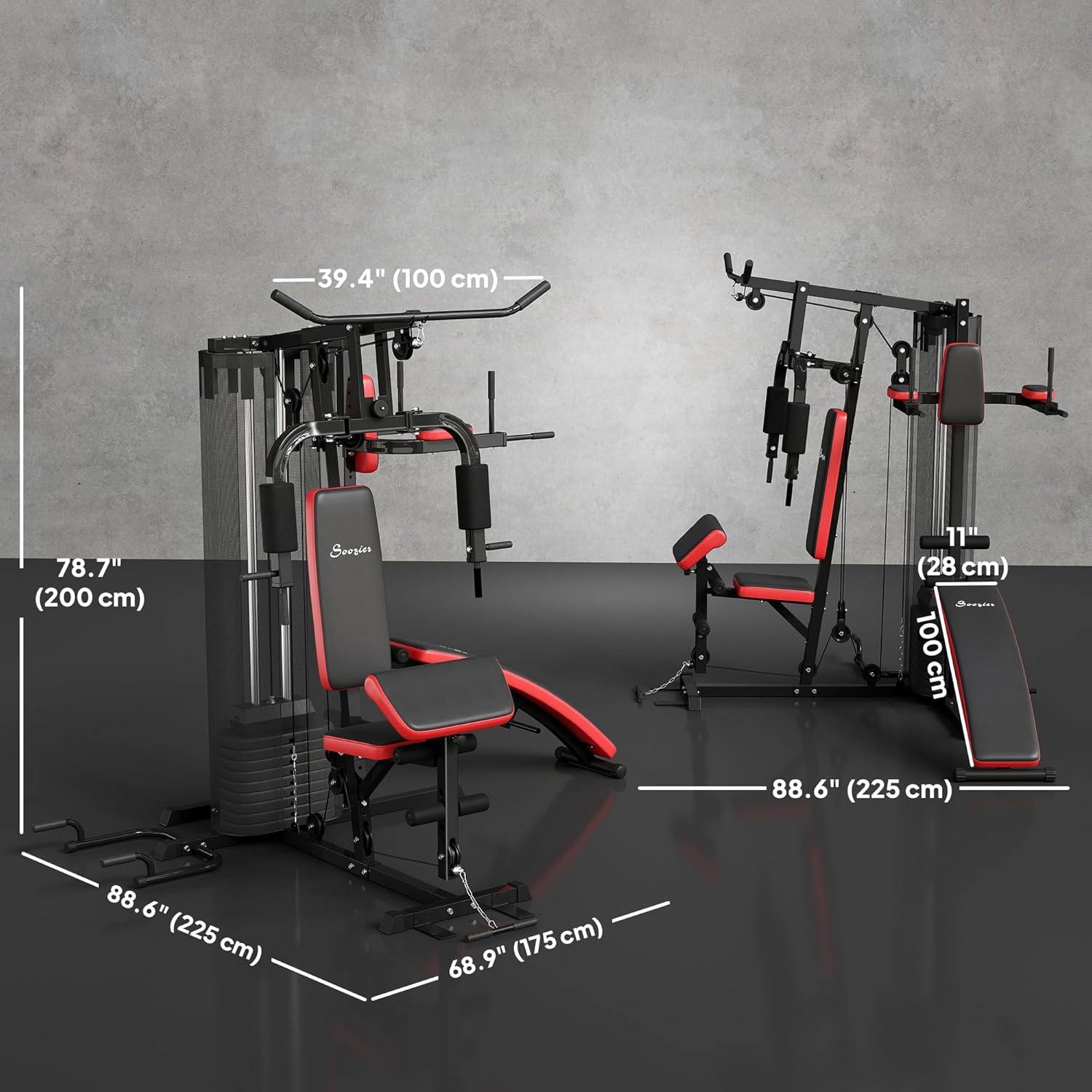 Gym equipment set with dimensions labeled on a gray background