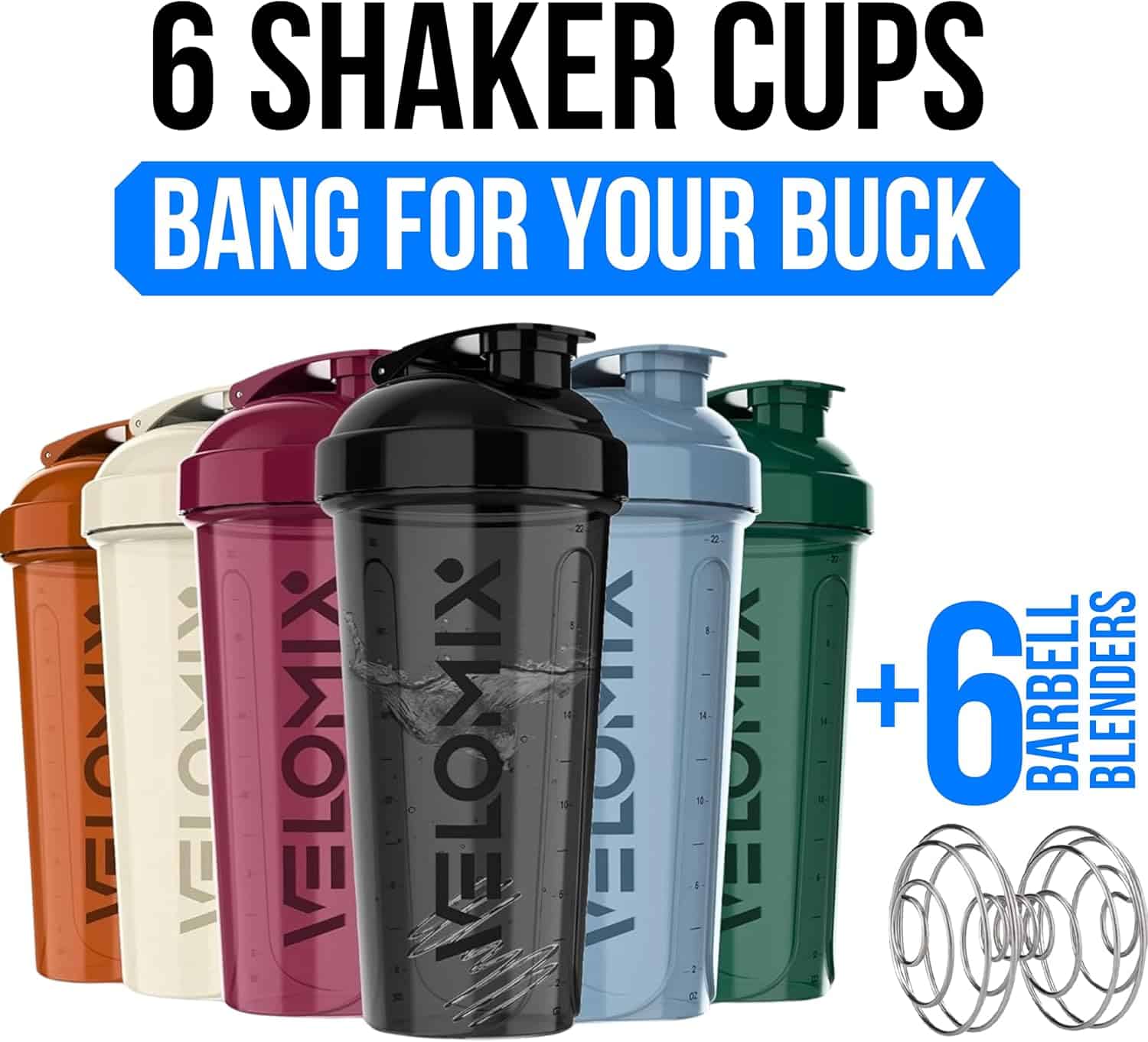 Set of six colorful shaker cups with Velomix branding, featuring text '6 Shaker Cups Bang for Your Buck' and '6 Barbell Blenders'.