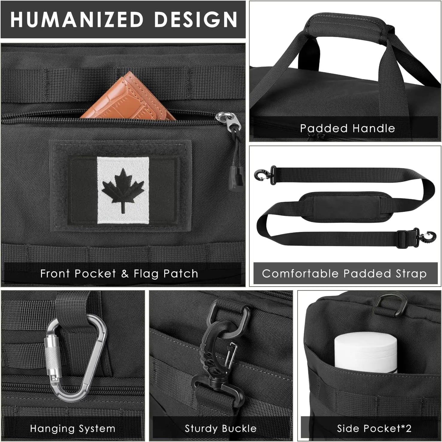 Black bag with features highlighted, including a front pocket, flag patch, padded handle, and various attachments.