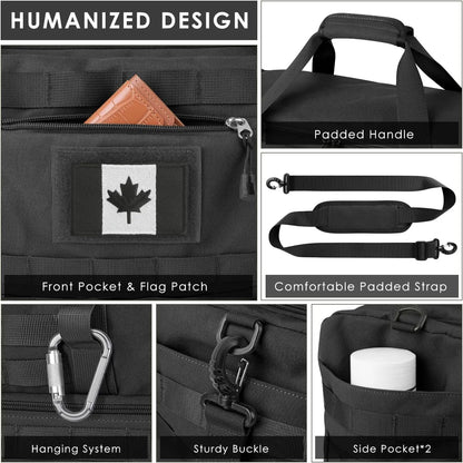 Black bag with features highlighted, including a front pocket, flag patch, padded handle, and various attachments.