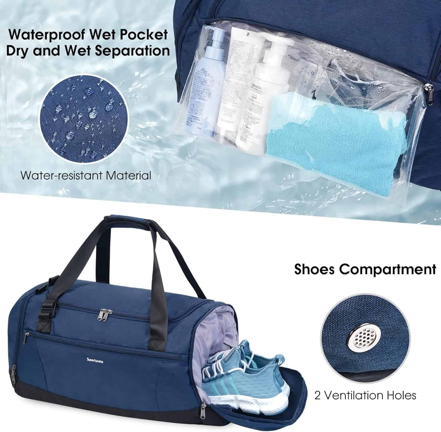 Blue duffel bag with waterproof wet pocket and shoes compartment, featuring water-resistant material and ventilation holes.