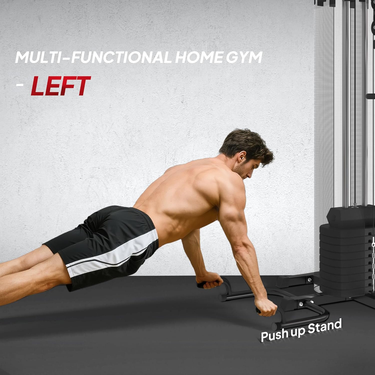 Man performing push-ups on a push-up stand with text indicating it's part of a multi-functional home gym.